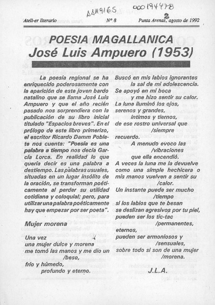 Poesía magallánica José Luis Ampuero (1953)  [artículo].