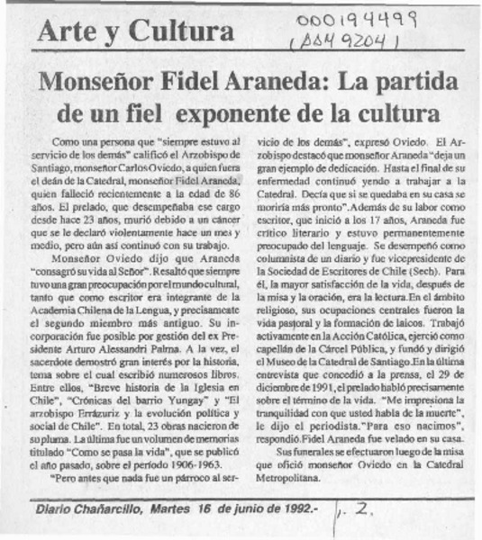 Monseñor Fidel Araneda, la partida de un fiel exponente de la cultura  [artículo].