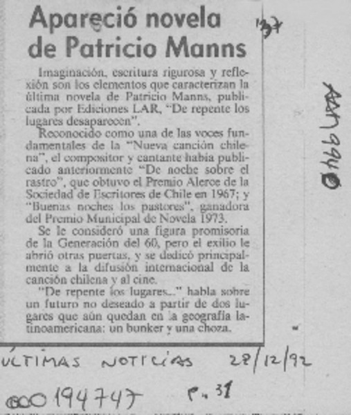 Apareció novela de Patricio Manns  [artículo].