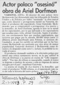 Actor polaco "asesinó" obra de Ariel Dorfman  [artículo].