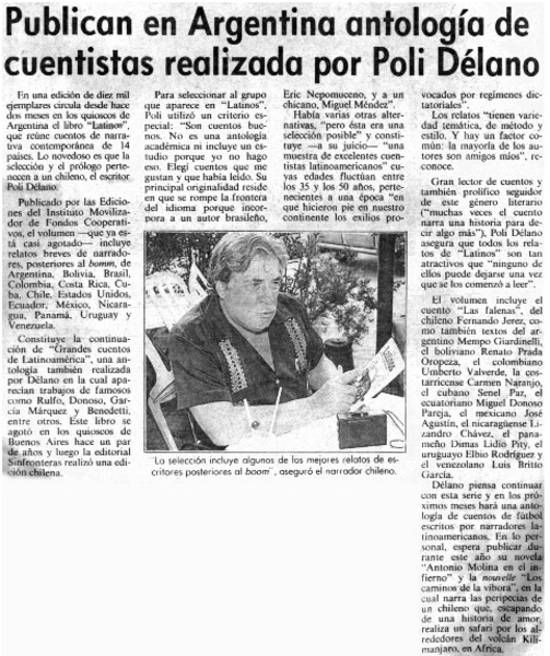 Publican en Argentina antología de cuentistas realizada por Poli Délano