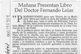 Mañana presentan libro del doctor Fernando Lolas  [artículo].