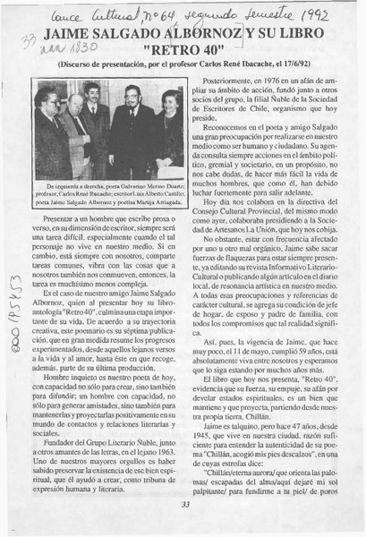 Jaime Salgado Albornoz y su libro "Retro 40"  [artículo] Carlos René Ibacache.
