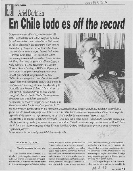 En Chile todo es off the record  [artículo] Rafael Otano.