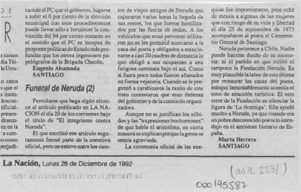 Funeral de Neruda (2)  [artículo] Marta Herrera.