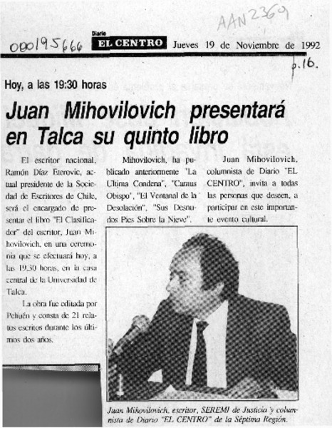 Juan Mihovilovich presentará en Talca su quinto libro