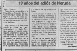 19 años del adiós de Neruda  [artículo] Juan Meza Sepúlveda.