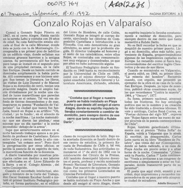 Gonzalo Rojas en Valparaíso  [artículo] Adolfo Simpson T.