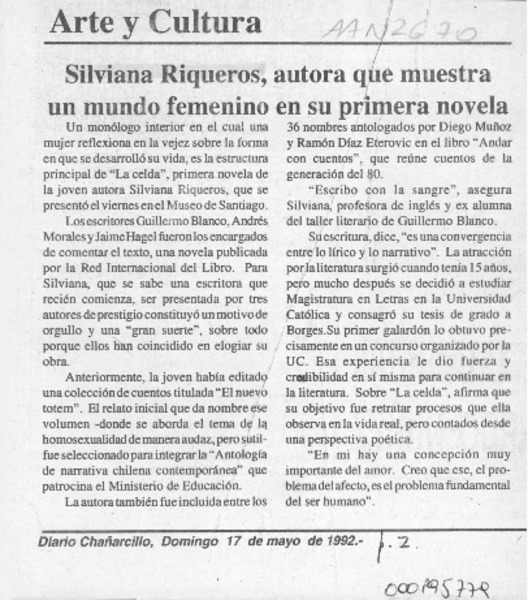 Silviana Riqueros, autora que muestra un mundo femenino en su primera novela  [artículo].