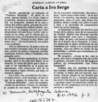 Carta a Ivo Serge  [artículo] Rodolfo Garcés Guzmán.