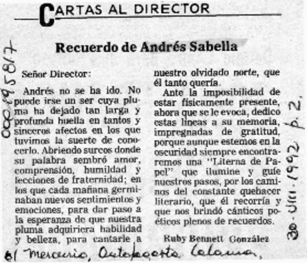 Recuerdo de Andrés Sabella  [artículo] Ruby Bennett González.