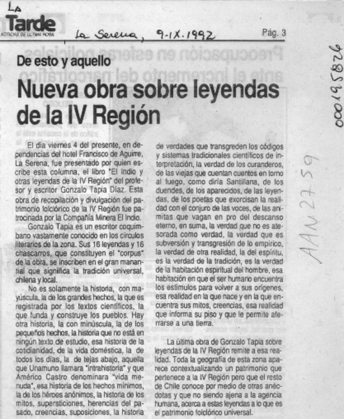 Nueva obra sobre leyendas de la IV Región  [artículo].