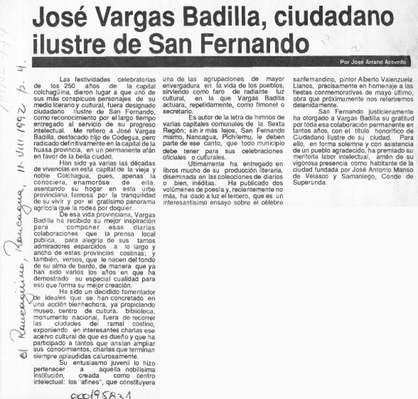 José Vargas Badilla, ciudadano ilustre de San Fernando  [artículo] José Arraño Acevedo.