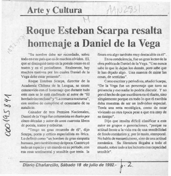 Roque Esteban Scarpa resalta homenaje a Daniel de la Vega  [artículo].