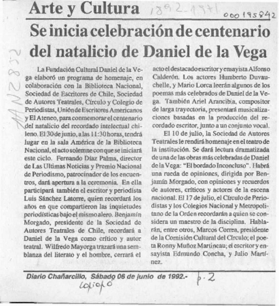Se inicia celebración de centenario del natalicio de Daniel de la Vega  [artículo].