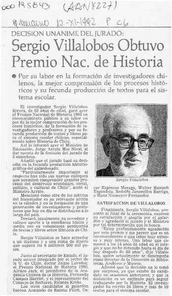 Sergio Villalobos obtuvo Premio Nac. de Historia  [artículo].