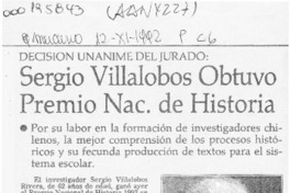 Sergio Villalobos obtuvo Premio Nac. de Historia  [artículo].