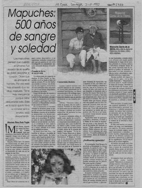 Mapuches, 500 años de sangre y soledad  [artículo] Mariela Ríos Ruiz Tagle.
