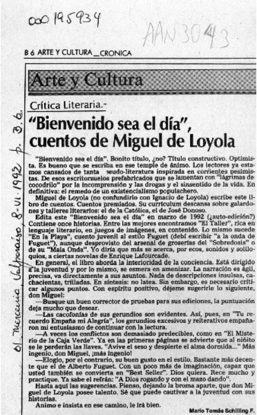 "Bienvenido sea el día", cuentos de Miguel de Loyola  [artículo] Mario Tomás Schilling F.