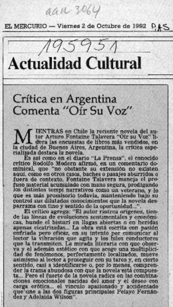 Crítica en Argentina comenta "Oír su voz"  [artículo].