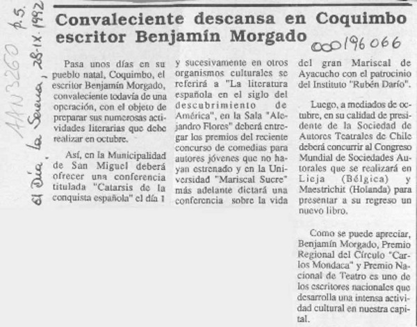 Convaleciente descansa en Coquimbo escritor Benjamín Morgado  [artículo].