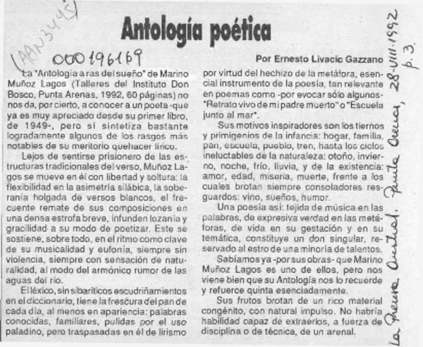 Antología poética  [artículo] Ernesto Livacic Gazzano.