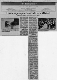 Homenaje a poetisa Gabriela Mistral  [artículo].