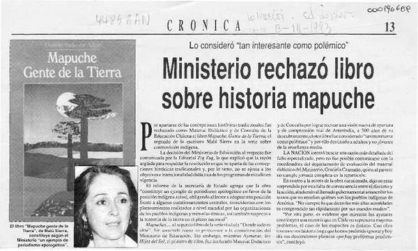 Ministerio rechazó libro sobre historia mapuche  [artículo].