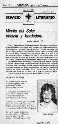 Mirella del Solar poetisa y bordadora  [artículo] Gabriel Rodríguez.