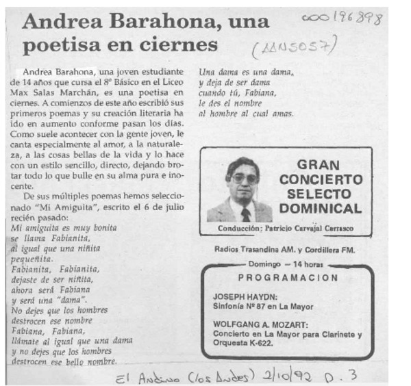 Andrea Barahona, una poetisa en ciernes  [artículo].