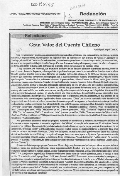 Gran valor del cuento chileno  [artículo] Miguel Angel Díaz A.