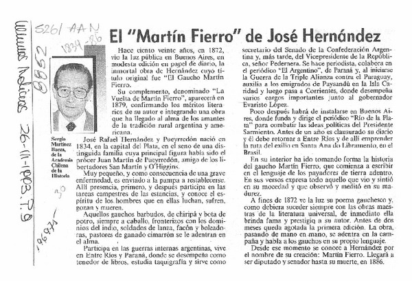 El "Martín Fierro" de José Hernández  [artículo] Sergio Martínez Baeza.