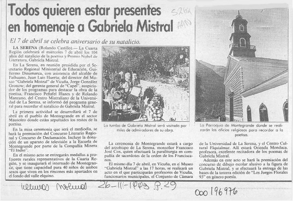 Todos quieren estar presentes en homenaje a Gabriela Mistral  [artículo] Rolando Castillo.