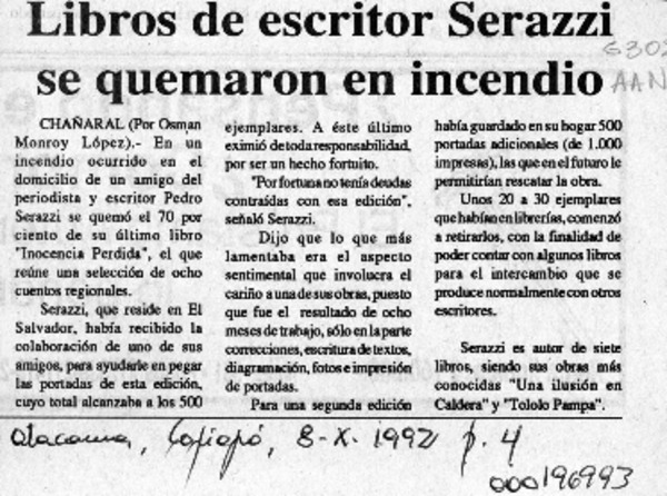 Libros de escritor Serazzi se quemaron en incendio  [artículo] Omar Monroy López.