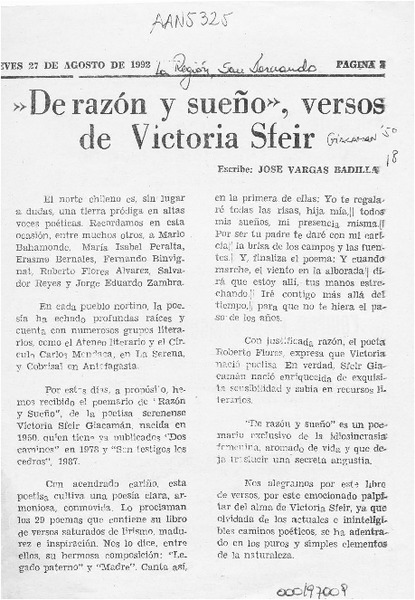 "De razón y sueño", versos de Victoria Sfeir  [artículo] José Vargas Badilla.