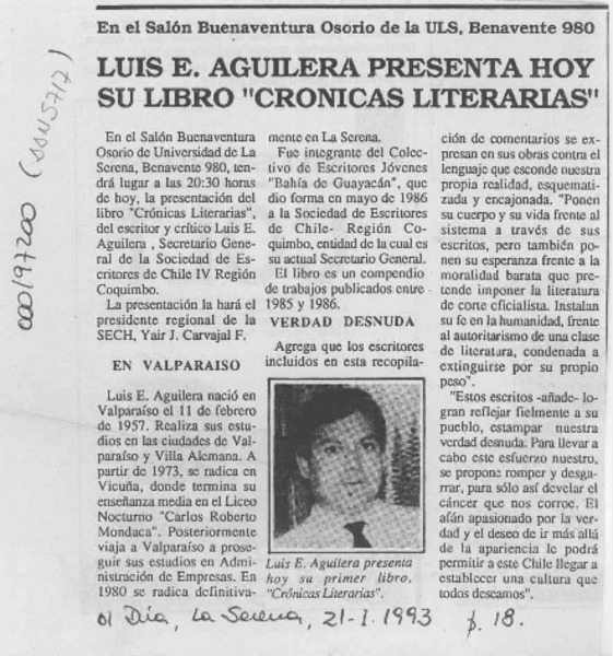 Luis E. Aguilera presenta hoy su libro "Crónicas literarias"  [artículo].