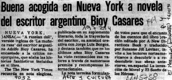 Buena acogida en Nueva York a novela del escritor argentino Bioy Casares  [artículo].