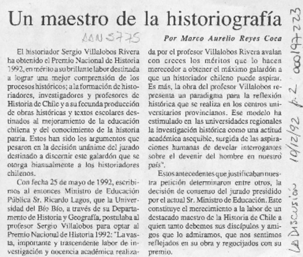 Un maestro de la historiografía  [artículo] Marco Aurelio Reyes Coca.