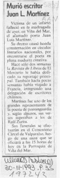 Murió escritor Juan L. Martínez  [artículo].