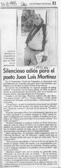 Silencioso adiós para el poeta Juan Luis Martínez  [artículo].