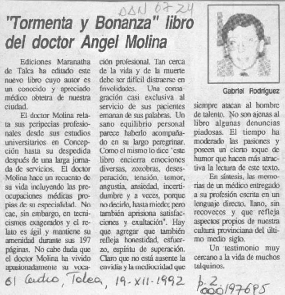 "Tormenta y bonanza", libro del doctor Angel Molina  [artículo] Gabriel Rodríguez.