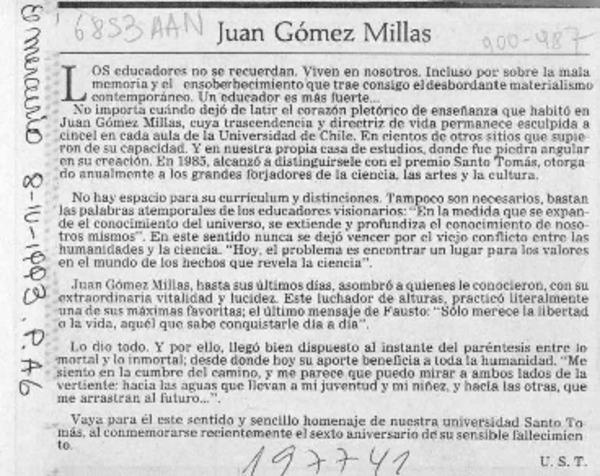 Juan Gómez Millas  [artículo] U. S. T.