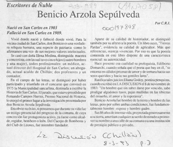 Benicio Arzola Sepúlveda  [artículo] C. R. I.