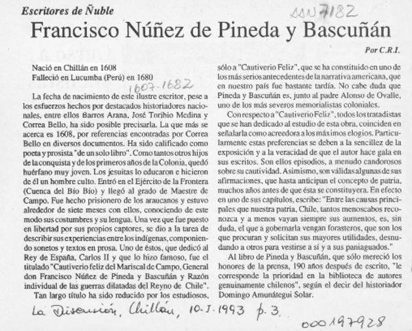 Francisco Núñez de Pineda y Bascuñán  [artículo] C. R. I.