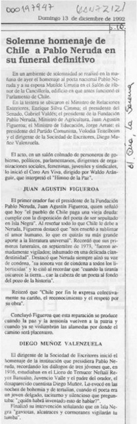 Solemne homenaje de Chile a Pablo Neruda en su funeral definitivo  [artículo].
