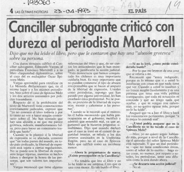 Canciller subrogante criticó con dureza al periodista Martorell  [artículo].