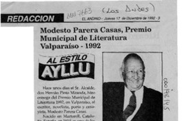 Modesto Parera Casas, Premio Municipal de Literatura Valparaíso 1992  [artículo].