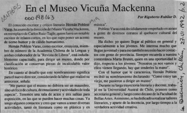 En el Museo Vicuña Mackenna  [artículo] Rigoberto Rubilar D.