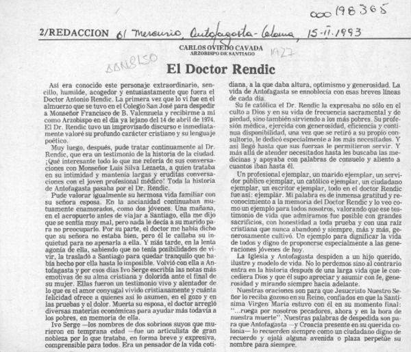 El doctor Rendic  [artículo] Carlos Oviedo Cavada.