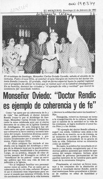 Monseñor Oviedo, "Doctor Rendic es ejemplo de coherencia y de fe"  [artículo].